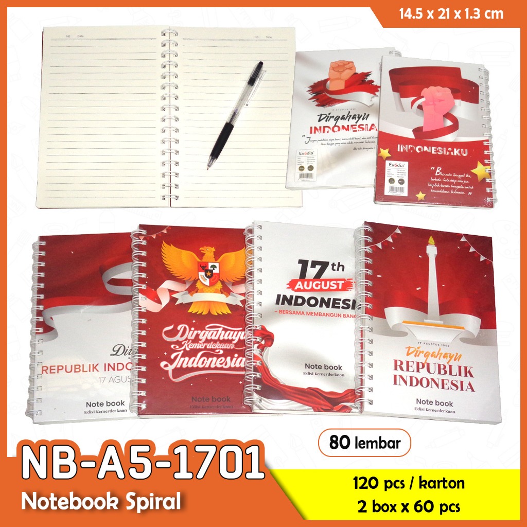 

buku notebook agenda A6 / A5 spiral / karet import isi 96 untuk karet, 80 untuk spidal ring besi kertas import kemerdekaan dirgahayu indonesia esco