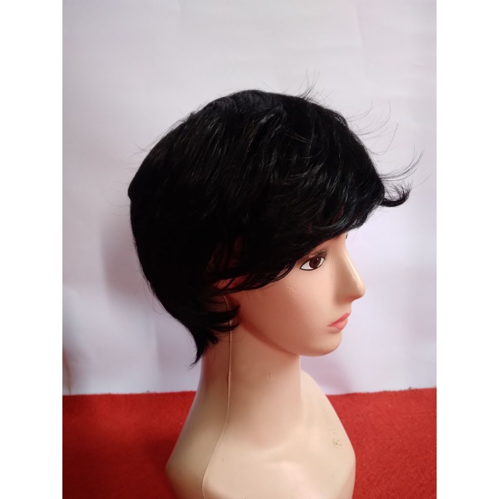 Wig pria rambut pendek ikal warna hitam natural