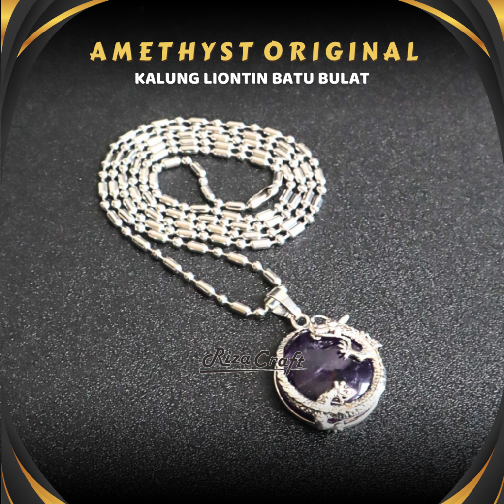 Kalung Pria Wanita Keren Kekinian Batu Alam Liontin Bulat Etnik Kristal Permata Akik Kecubung Ungu A