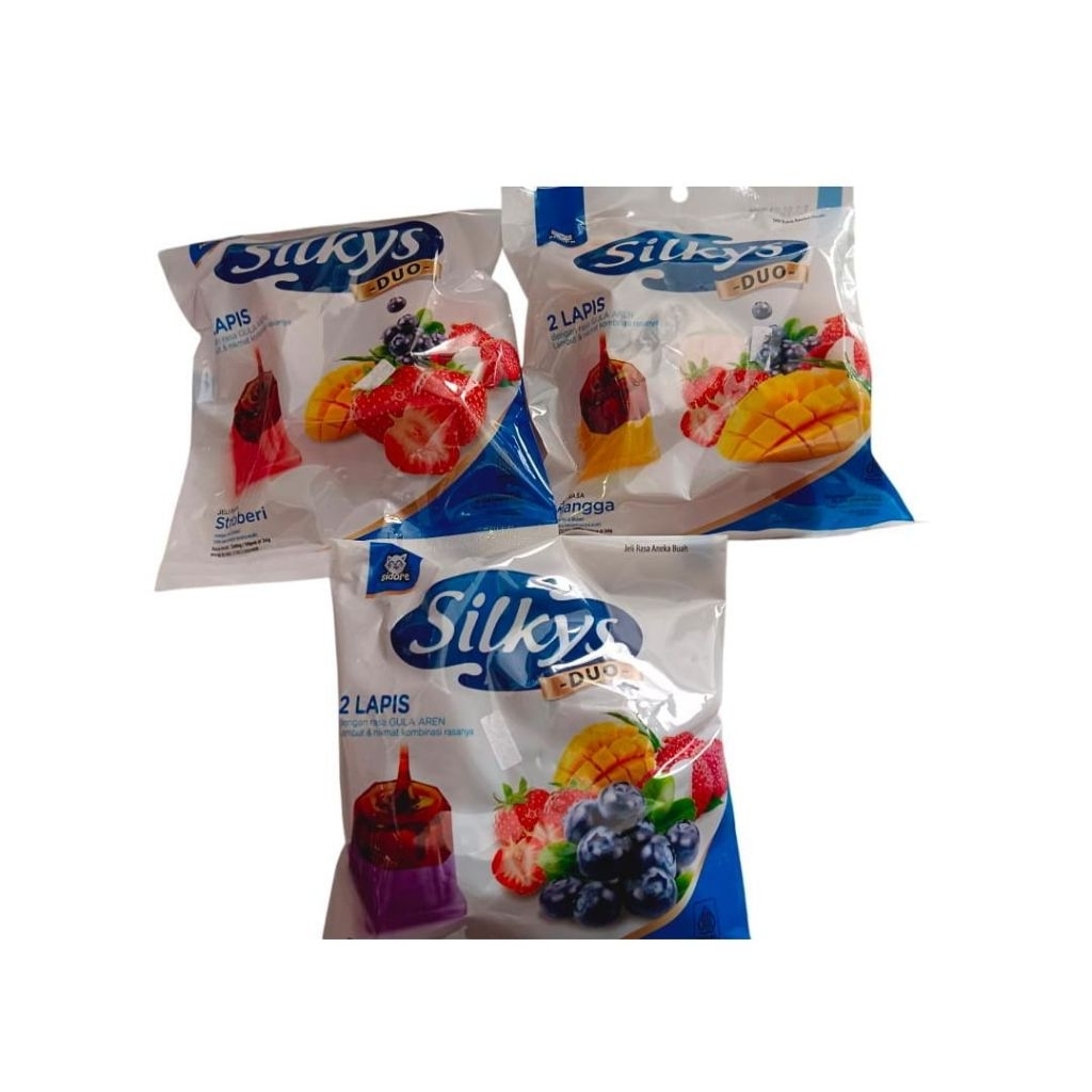 

Silky 2 lapis duo dengan gula aren lembut & nikmat kombinasi rasanya260gr / 10 pcs @ 25g Varian rasa jeli Bluberi Stroberi Mangga
