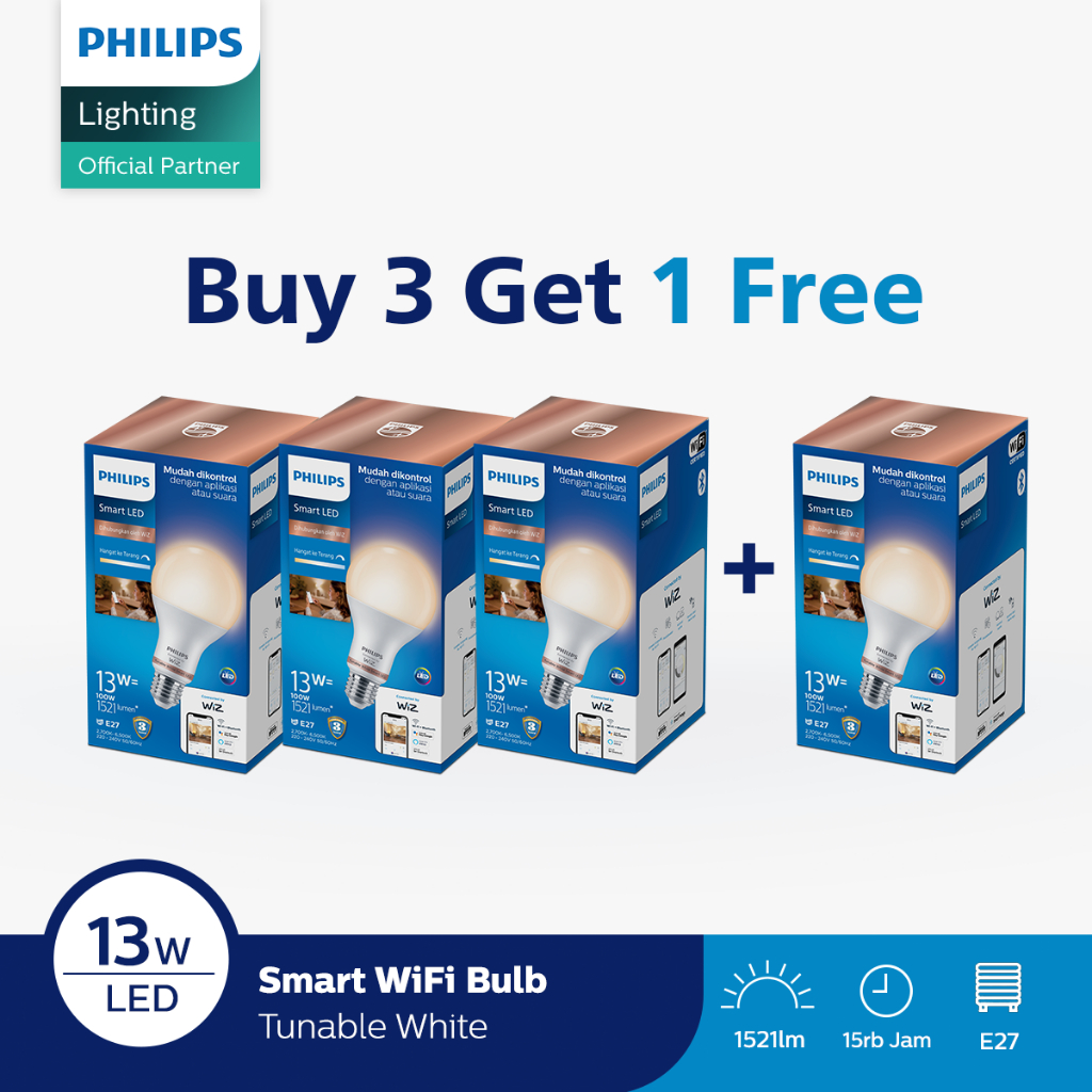 Beli 3 Gratis 1 Philips Lampu Smart WiFi LED 13W - Tunable White