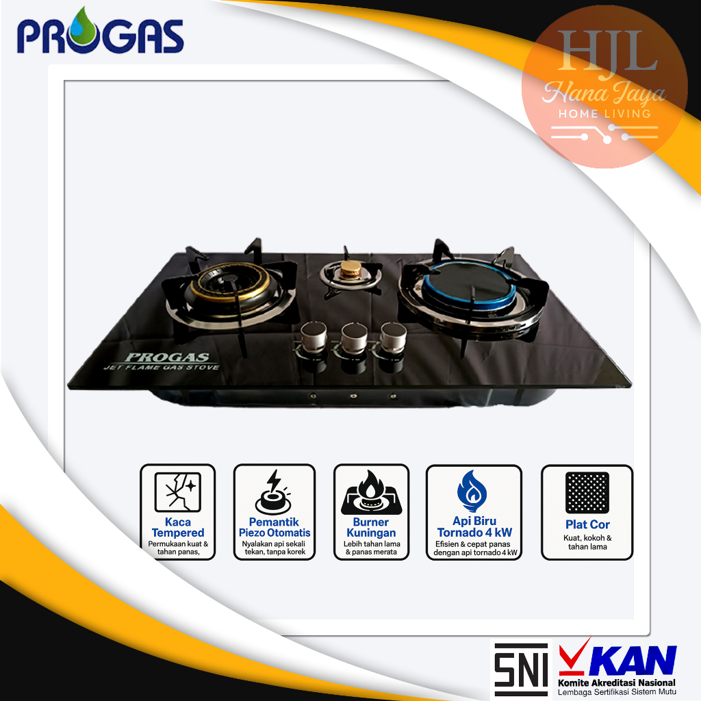 Progas Kompor Gas 3 Tungku Tanam Kaca Mix Bara