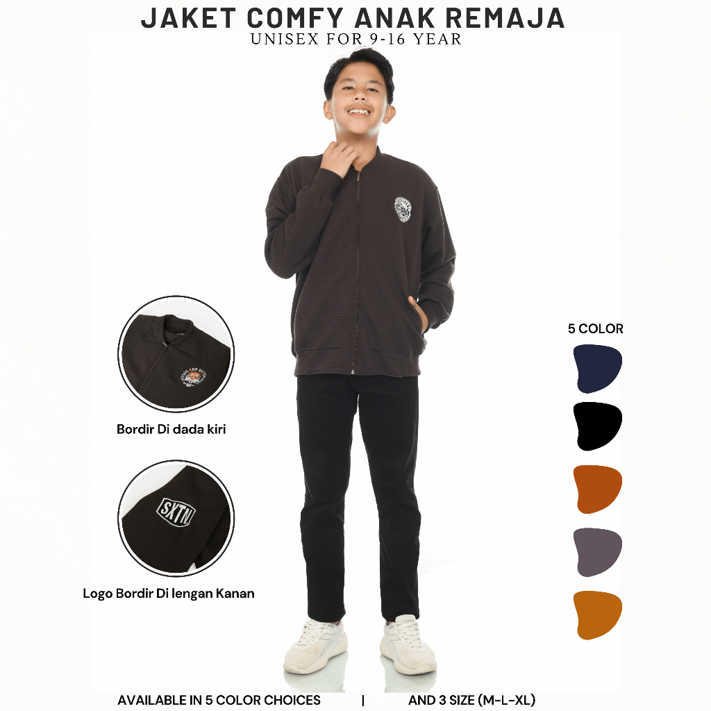 SIXTEEN - Jaket Anak Model Comfy Jaket Zipper Premium Bordir Anak Usia 9-16 Tahun Jaket Comfy Bomber