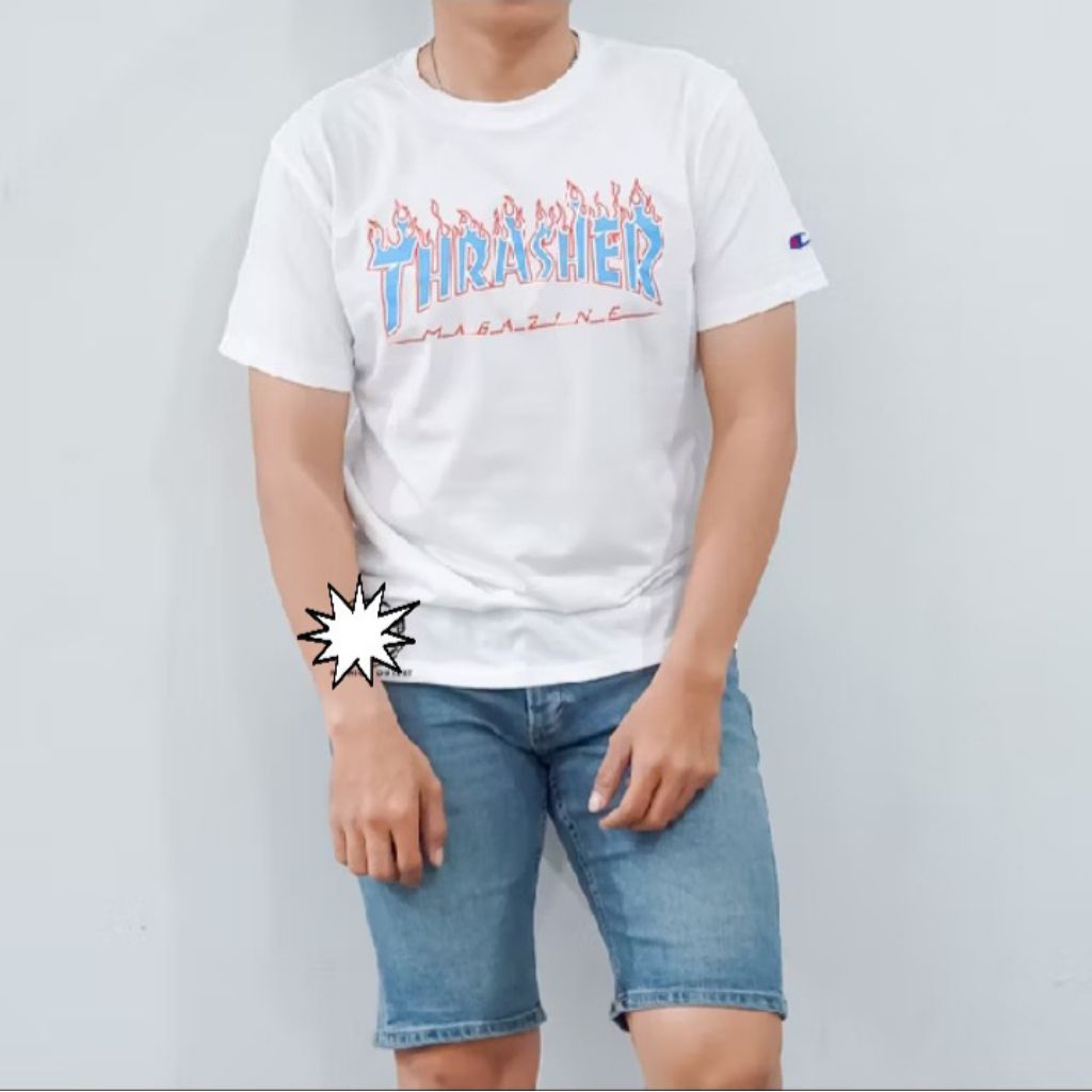 ( THRASHER x CHAMPION ) KAOS T-SHIRT SHORT SLEEVE NEW EDITION WHITE 100% ORIGINAL
