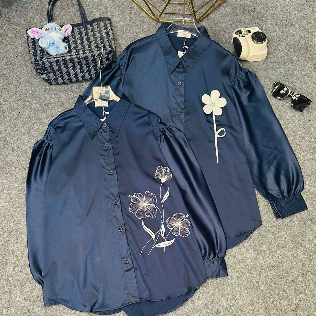 Siji | Basic Kemeja Navy Armani silk oversize | Kemeja Motif Bunga Armany Silk Premium