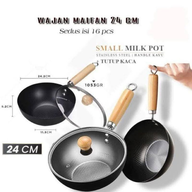 Panci Susu Tutup Kaca Panci Sop Gagang Kayu 24cm Serbaguna
