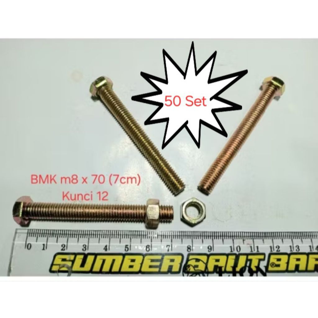 50 SET Baut Dan Mur Kuning M8 7cm kunci 12 / BMK