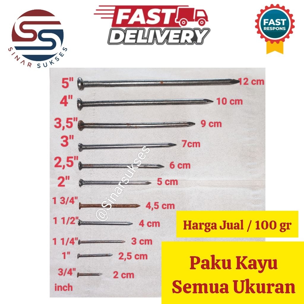 Paku Kayu SEMUA UKURAN LENGKAP Berat 100 gram/ Paku Kayu 5 cm/ Paku Kayu 7 cm/ Paku Kayu 10 cm/ Paku