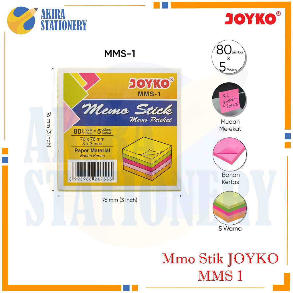 

Sticky Note JOYKO MMS 1 [ 5 Warna ] Kertas Memo Tempel MMS-1 / Memo Stick 3 x 3 in PAK ( 400 Lbr )