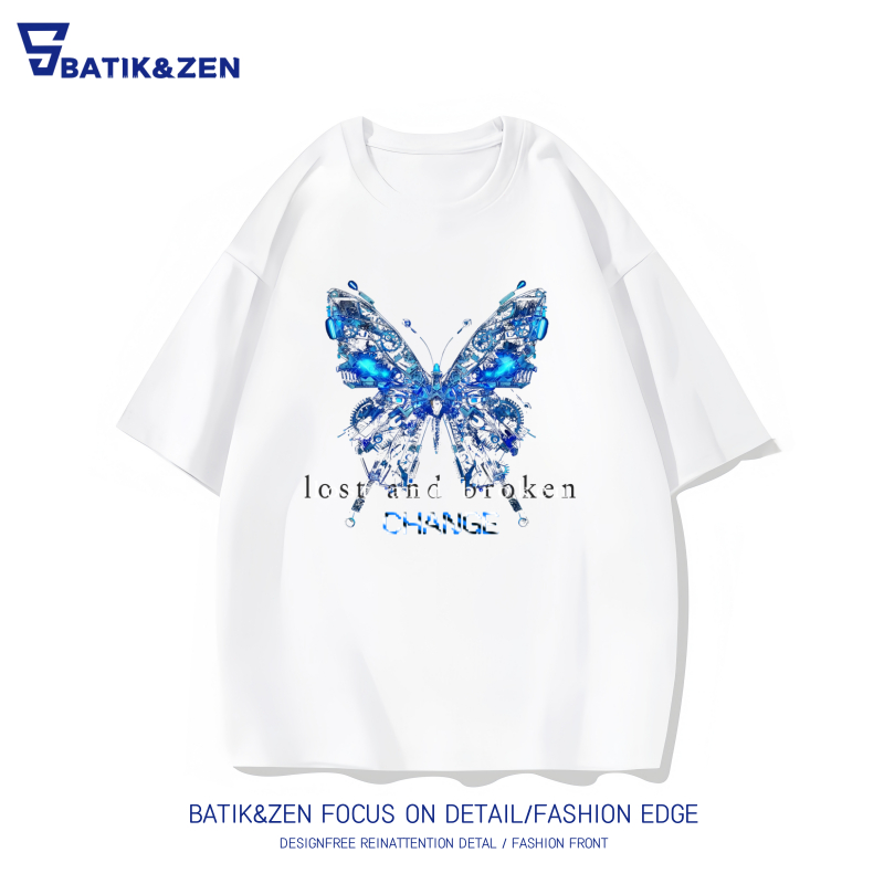 T-Shirt Oversize Lengan Pendek Katun 100%Murni Butterfly Pola Baju Atasan