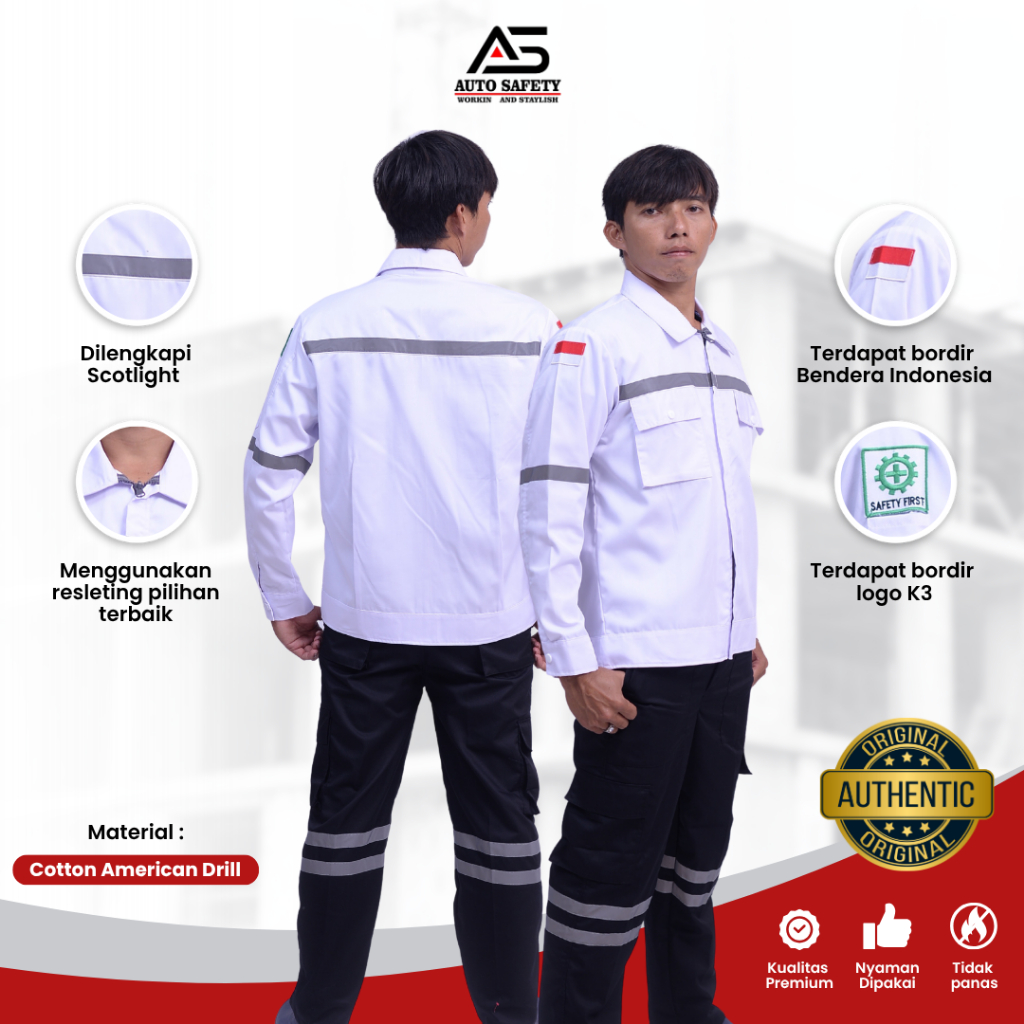 Seragam Atasan PDL Putih Polos Auto Safety Baju Wearpack Lengan Panjang