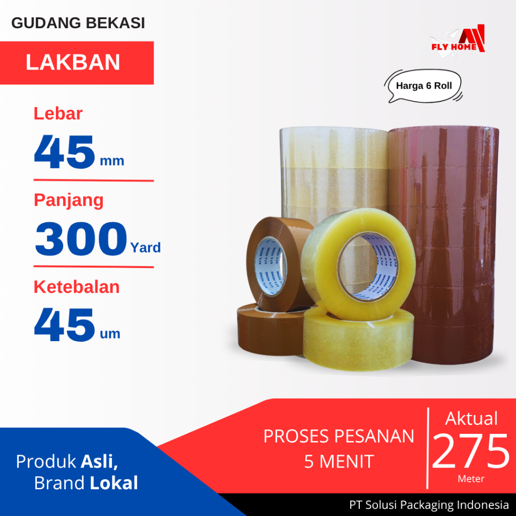 

FLYHOME 6Roll Lakban Bening Coklat 45x300Y 2inci 275METER 300 Yard Uk Besar