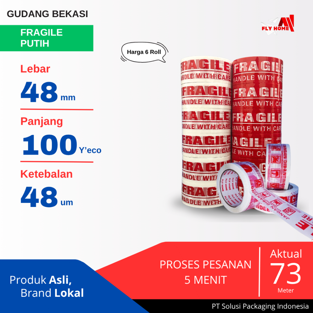 

FLYHOME 6Roll Lakban Fragile Putih 48x100Y 2inci Uk Besar ECO 100 Yard