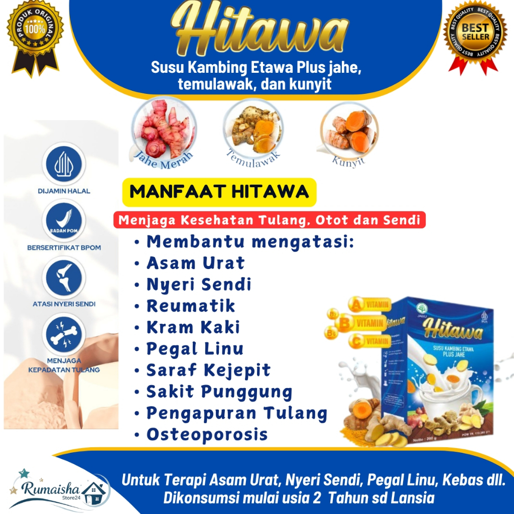 

Hitawa Susu Kambing Etawa 200gr – Plus Jahe, Temulawak, Kunyit | Tulang, Sendi, Asam Urat, Imun