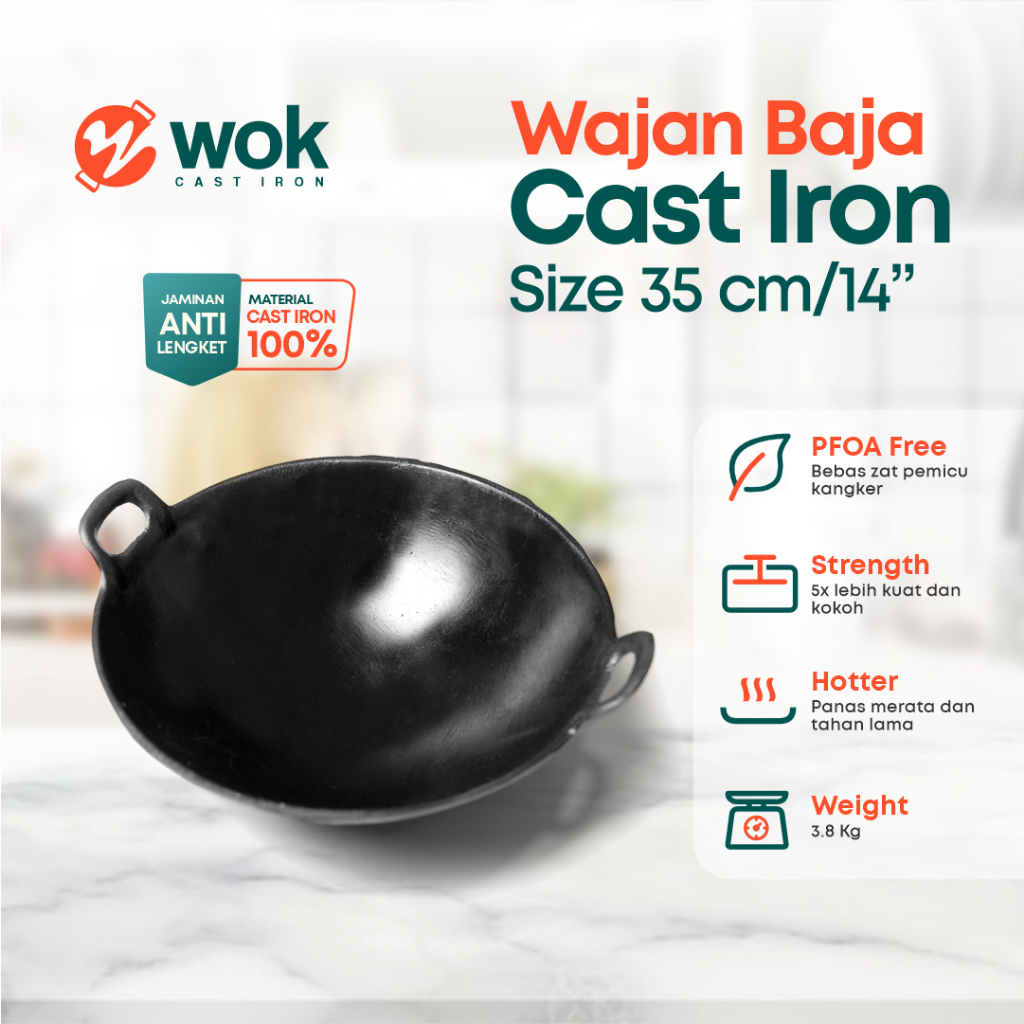 Wajan Baja Cor Seasoned 14” (35cm) Tebal / Kuali Besi Cor/ Wok Cast Iron / Wajan Penggorengan