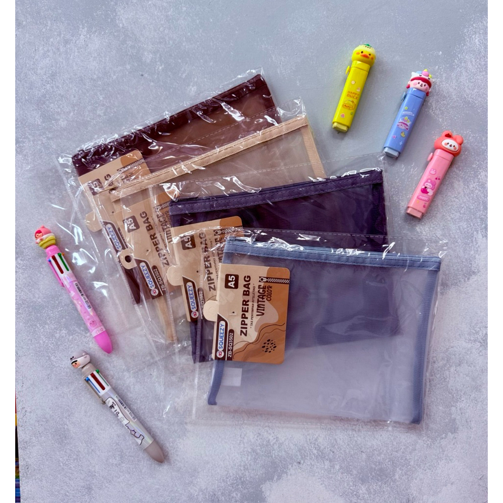 

SQUEEZY Zipper Bag A5 / Tempat Pensil / Zipper Map / Tas Makeup / Kotak Pensil / Tas Jaring Resleting / Pouch Dompet A5
