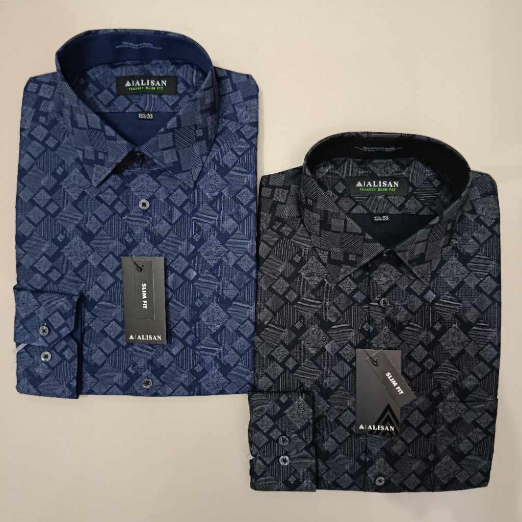 LENGAN PANJANG Alisan Printing Fashion Motif Anyam Hitam/Biru