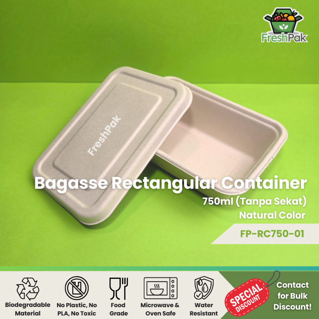 FreshPak Bagasse Rectangular Container 750 ml Sugarcane Eco Friendly Food Grade Lunch Box Packaging 