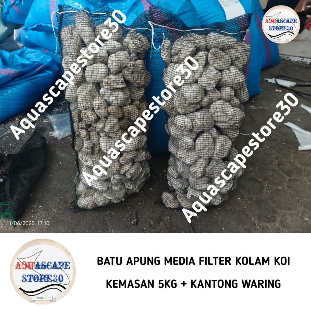batu apung 5kg + kantong waring media filter kolam koi siap pakai / batu apung media filter kolam ko