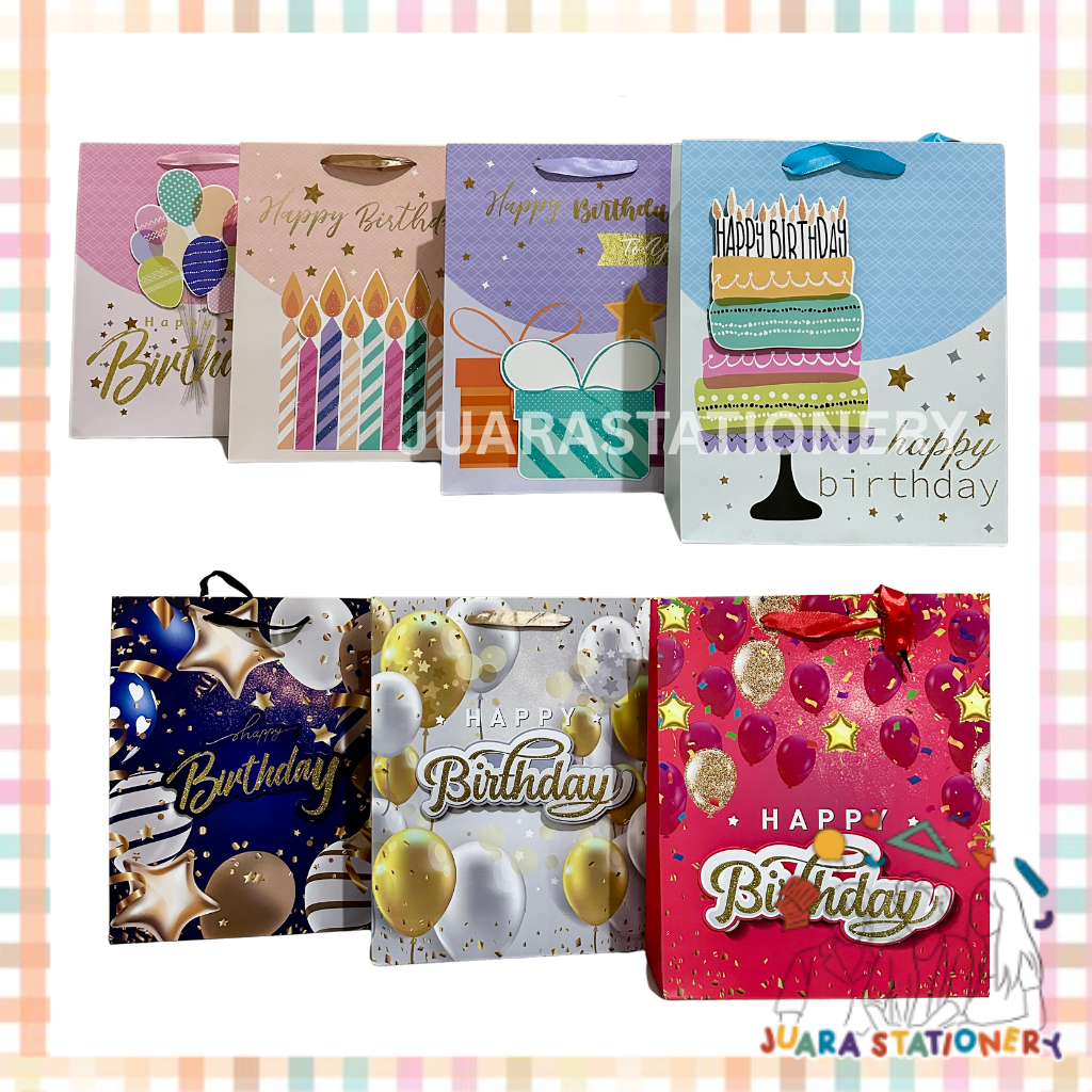

(1416) JUARASTATIONERY Paper Bag Besar Glitter Birthday 25.5x9.5x31.5 / Tas Tali Glitter Tas Kado