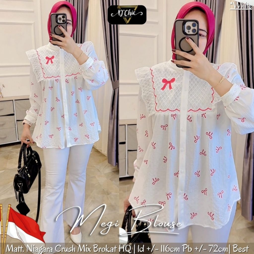Megi Blouse Atasan Wanita Lengan Panjang Blouse Merah Putih Mix Brokat