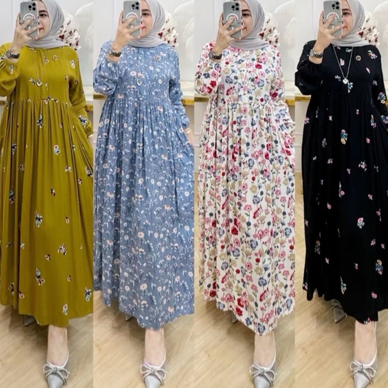 KODE S64E Midi Dress Flower Busui Motif Bunga LD 11cm PB 125cm Bahan Rayon Premium Terlaris Gaun Mus