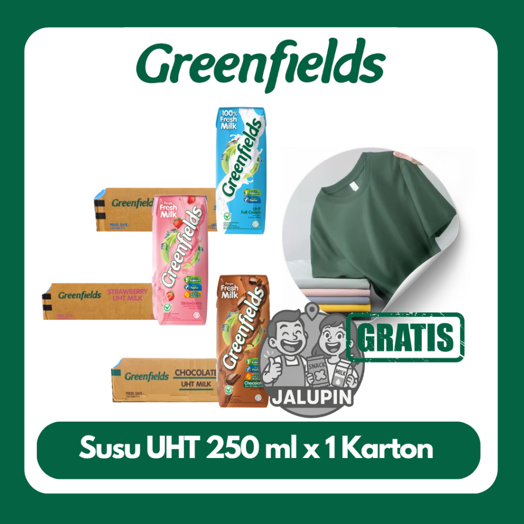 

[BELI 1 KARTON 250ML GRATIS 1 KAOS] Susu Greenfields UHT Full Cream, Strawberry, Chocolate 250ml x 1 Karton (32pcs)