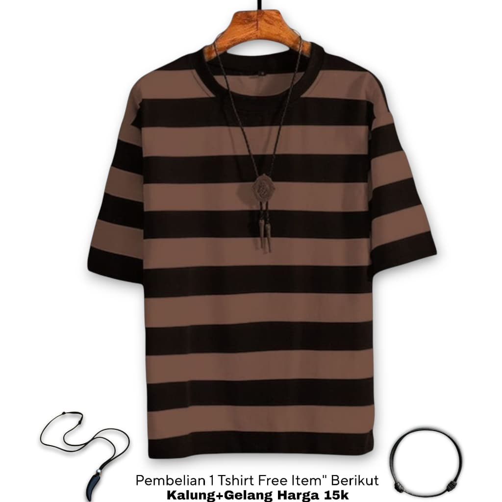 Baju Kaos Strip Garis Garis Pria dan Wanita Terbaru 2025 | Kaos Salur Belang Belang Cokelat Hitam