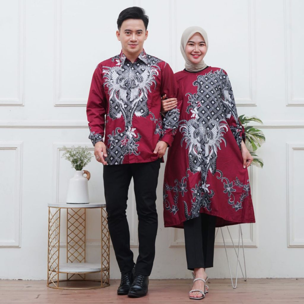 couple batik wanita dan pria Tunik dan kemeja lengan panjang pendek no furing  merah maroon