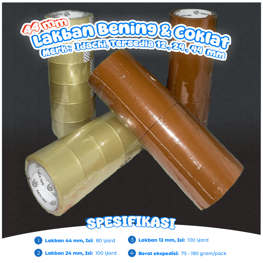 

Lakban / Isolasi Bening Coklat IDACHI 80 , 100 Yard Ukuran 12 , 24 , 44 mm / Selotip / Clear Tape
