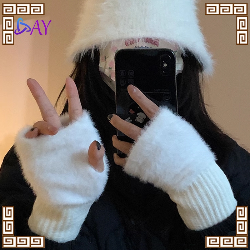 Sarung Tangan Fingerless Wanita Mink Fleece Penghangat Tangan Musim Dingin Korea