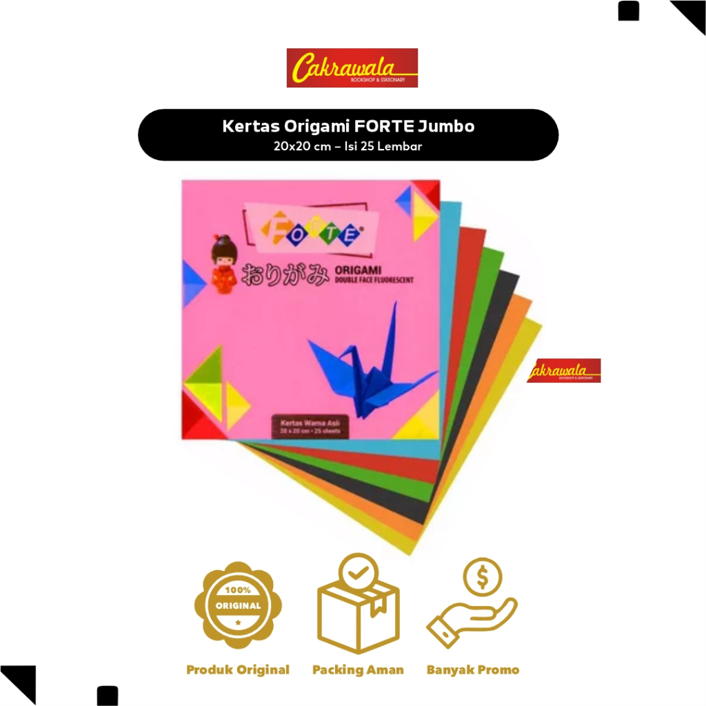 

Kertas Origami FORTE Jumbo 20x20 cm – Isi 25 Lembar | Kertas Lipat Warna-Warni 2 Sisi | Ukuran Besar