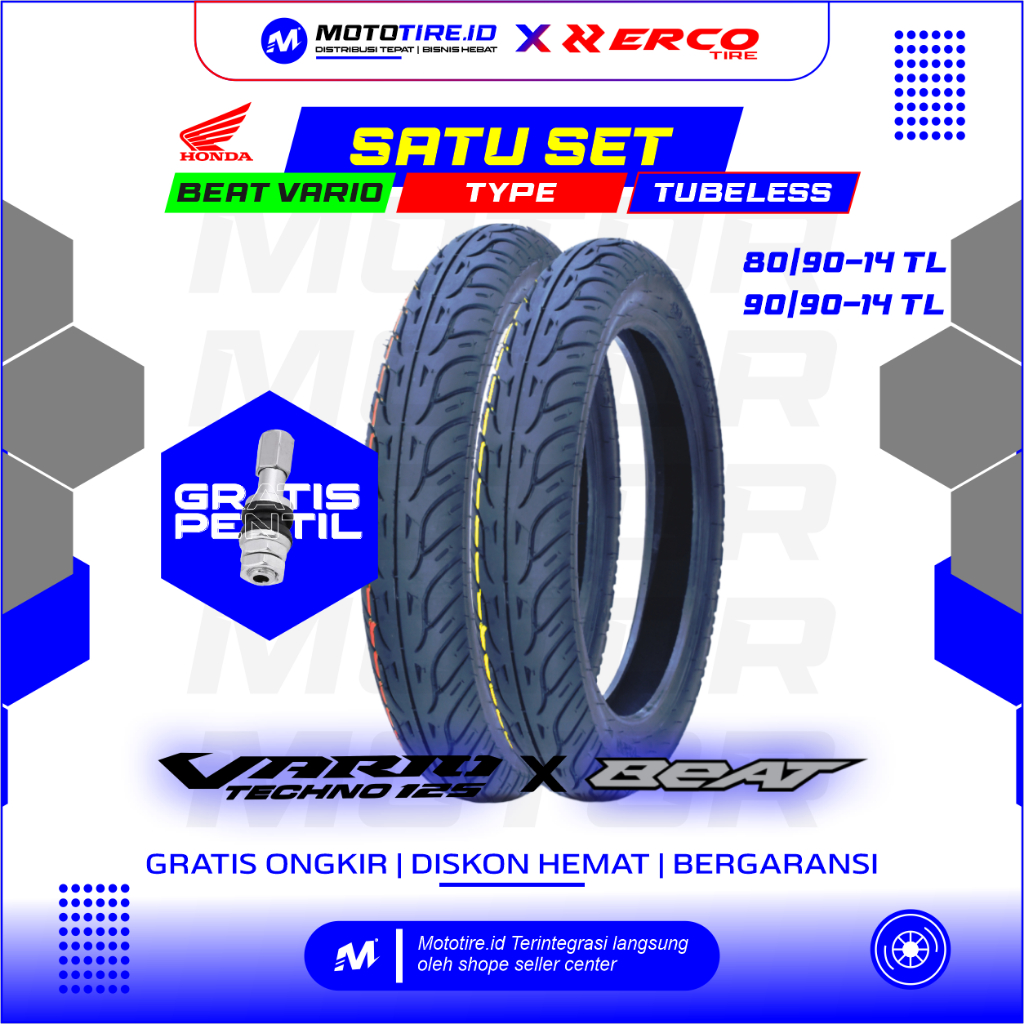 ERCO TIRE Satu Set Ban Motor Matic ERCO Tubeless NonTubeless, 90/90-14 dan 80/90-14