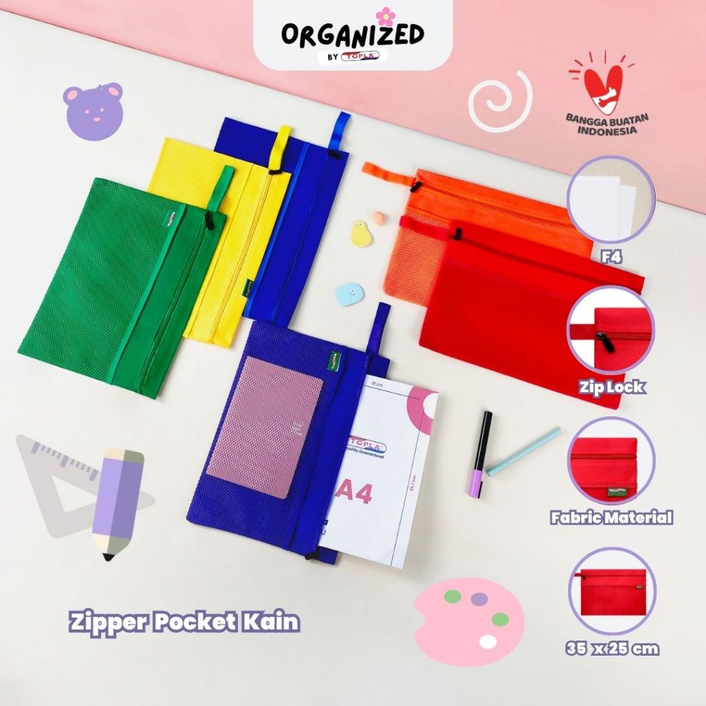

Topla zipper pocket kain pouch pocket uang kertas nota giro ziplock alat tulis ukuran folio
