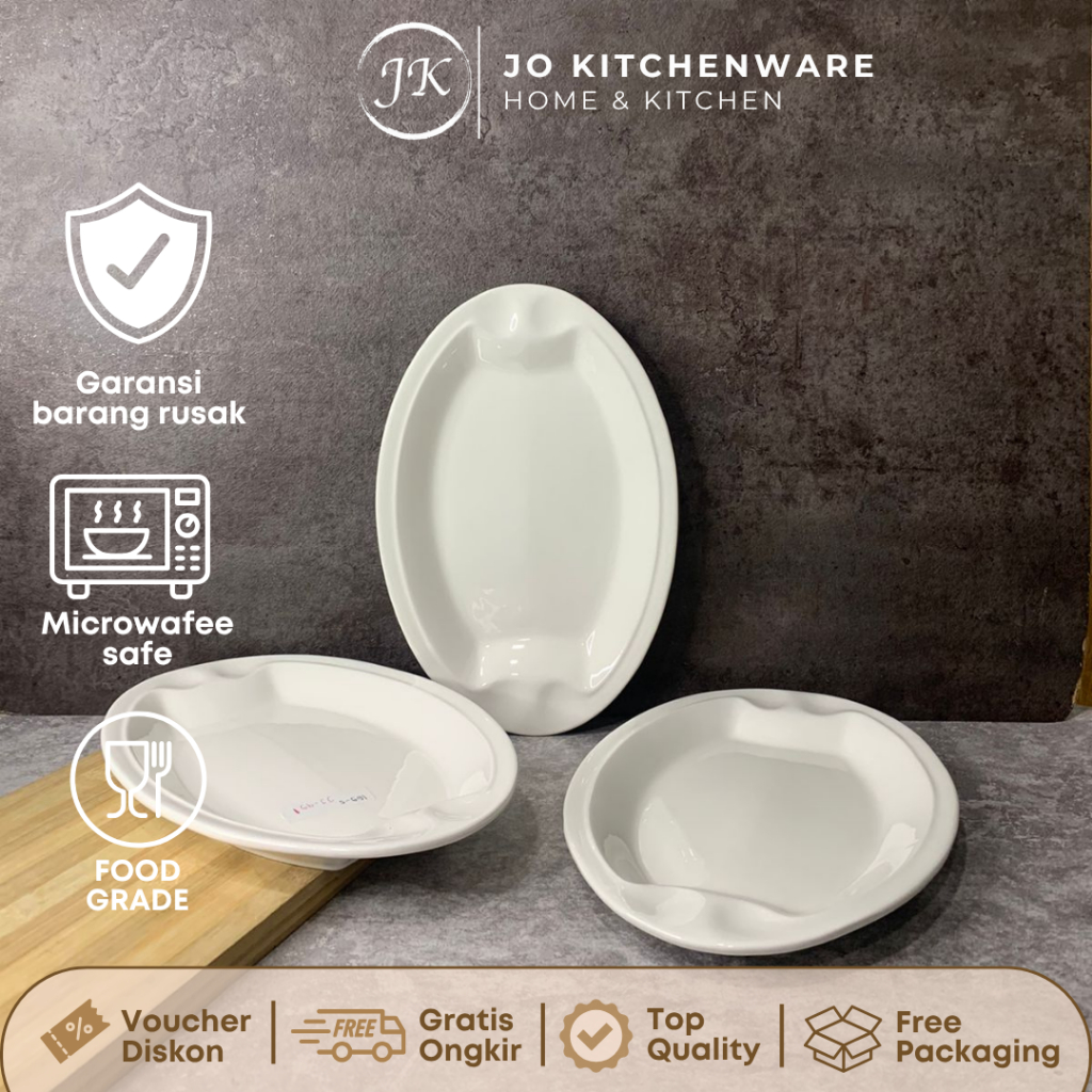 Piring Oval Saji Ikan Pyramid Keramik Premium Putih polos ukuran 30,5 x 21cm hotelware serbaguna JJ4