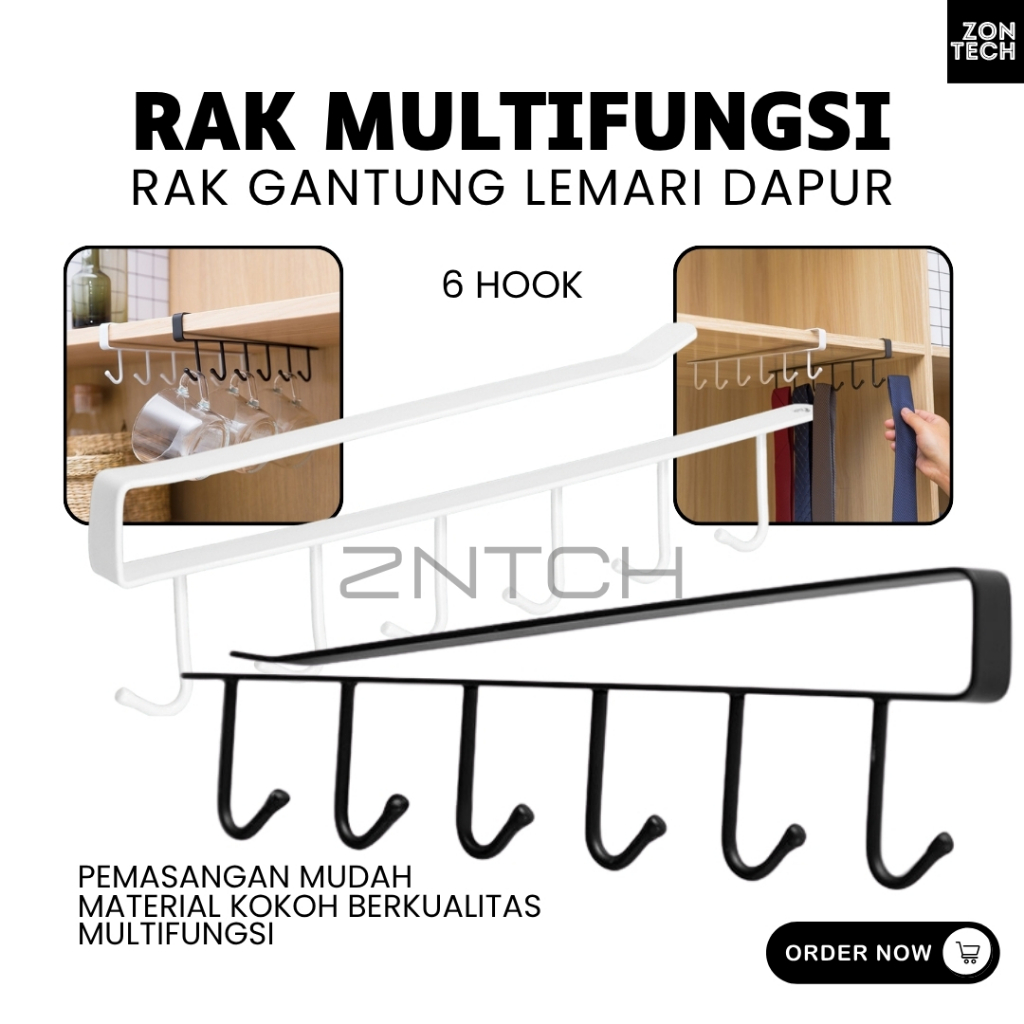 Rak Gantung Lemari Alumunium 27x7.5 cm Serbaguna Mulfungsi Peralatan Dapur 6 Hook Desain Minimalis