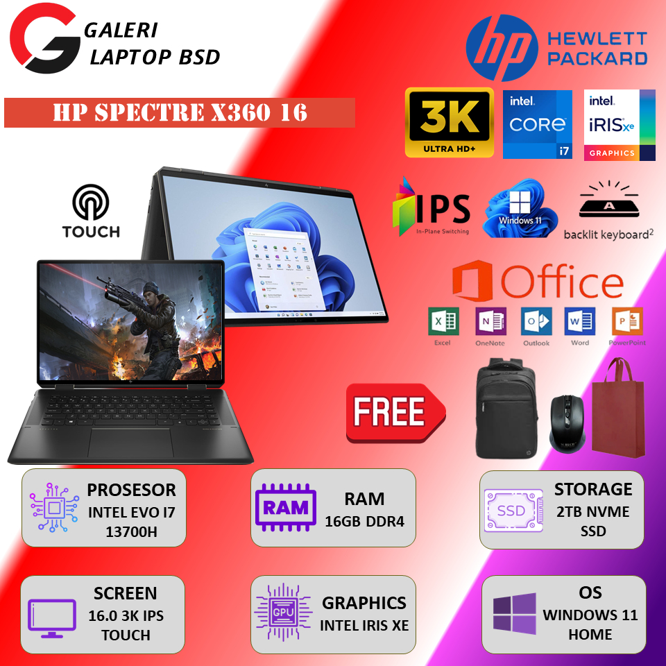Laptop Editing Hp Spectre X360 16 Intel Evo i7 13700H RAM 16GB 2TB SSD 3K IPS Touchscreen Win 11