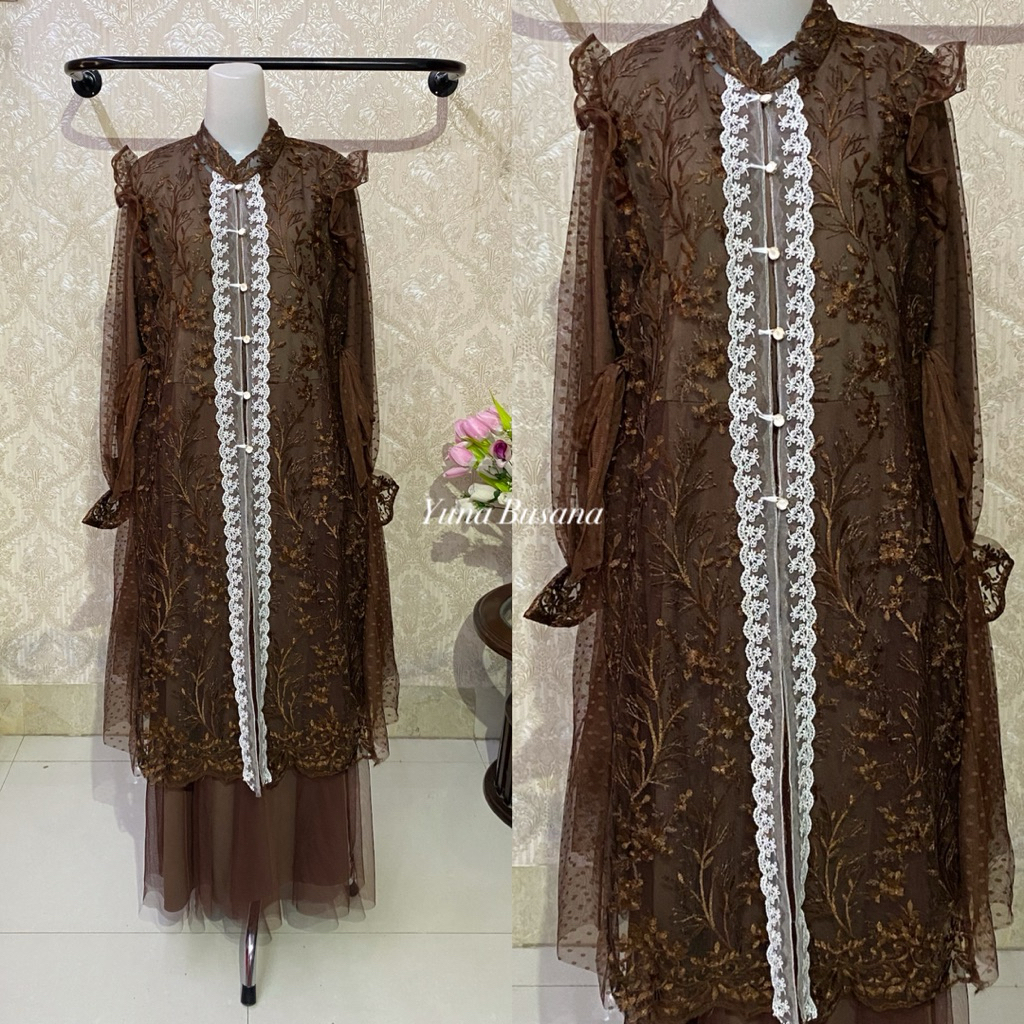 YUNA BUSANA - OUTER TUNIK BRUKAT PREMIUM SERIES MAHOGANY