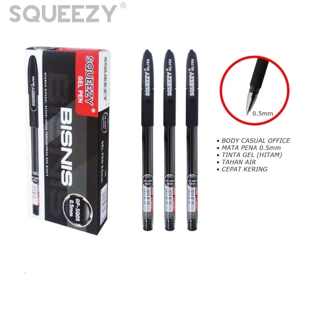 

( 1 Box 12 Pcs ) Pulpen Gel Squeezy Bisnis GP-SQ05 / Pena Hitam Business 0.5mm / Pen Hitam Premium