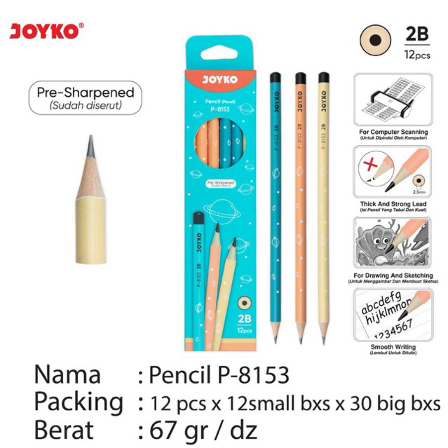 

( 12 pcs ) Pencil 2B P8153 Jaminan Dapat dibaca Komputer / Pensil Kayu Joyko P-8153 2B Lead Kuat dan Sudah Diserut Sketching Drawing