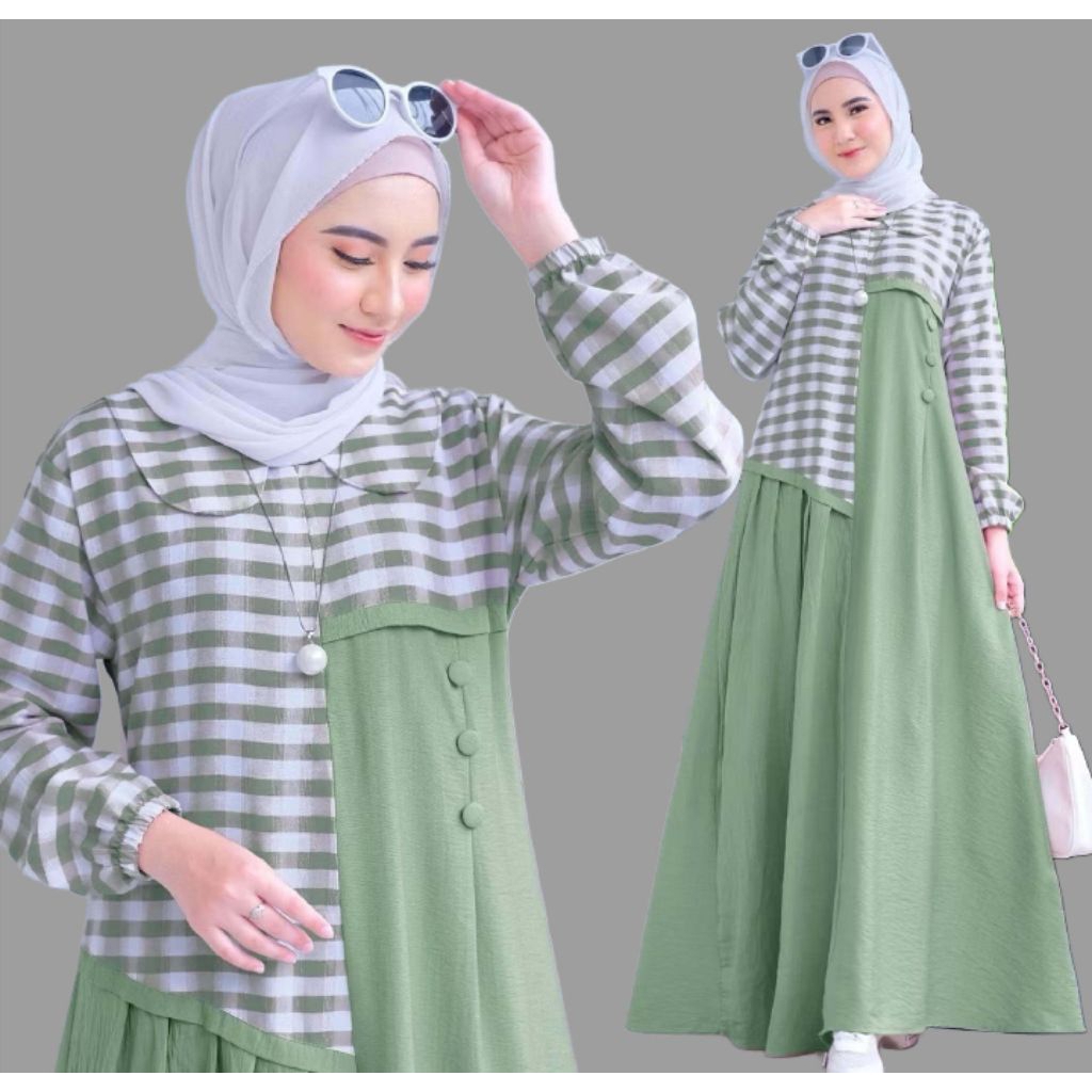 Gamis Kombinasi Motif Kotak Kotak Dress Wanita Dress Muslimah Bahan Katun Premium Cocok Untuk Lebara
