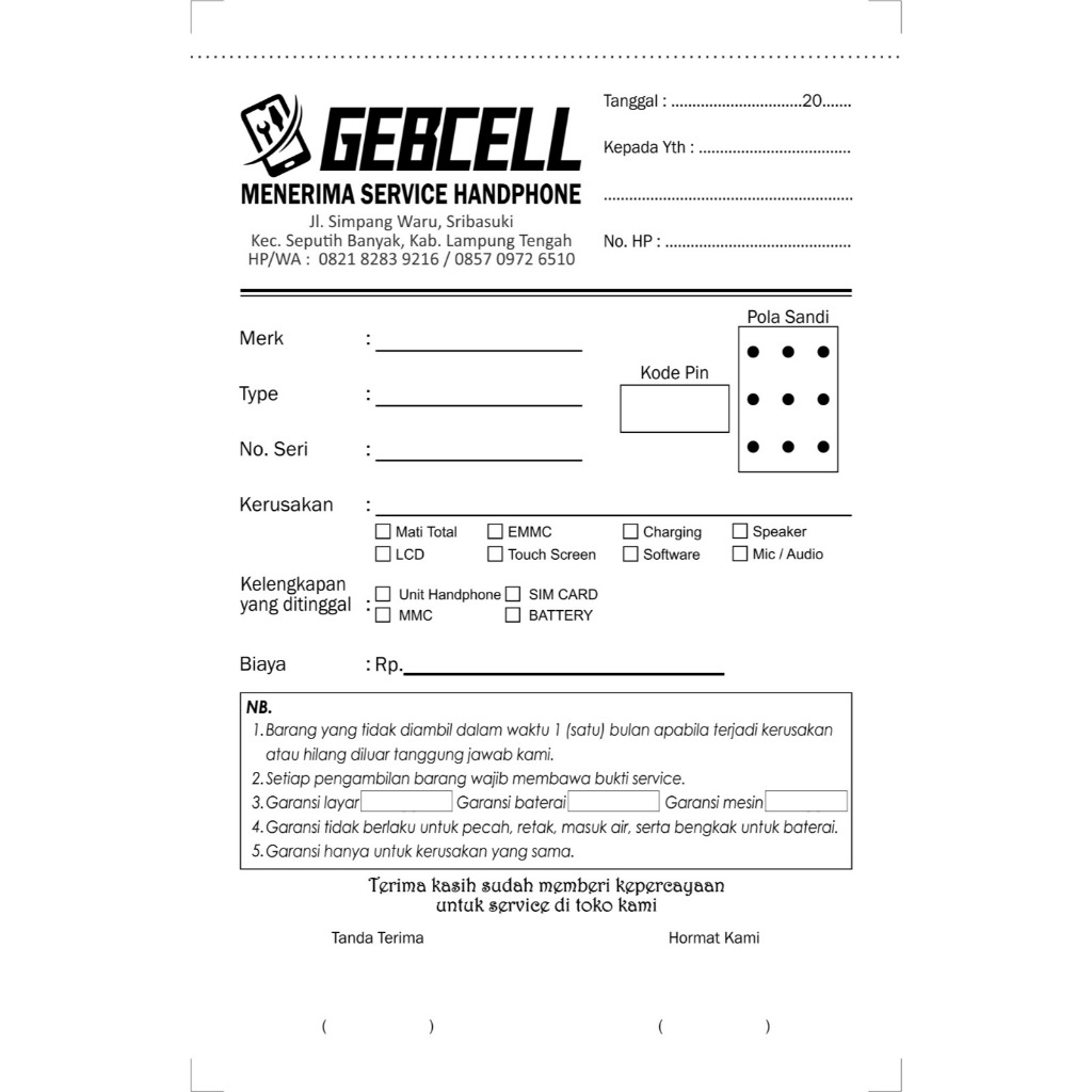 

Cetak Nota Servis HP Gebcell