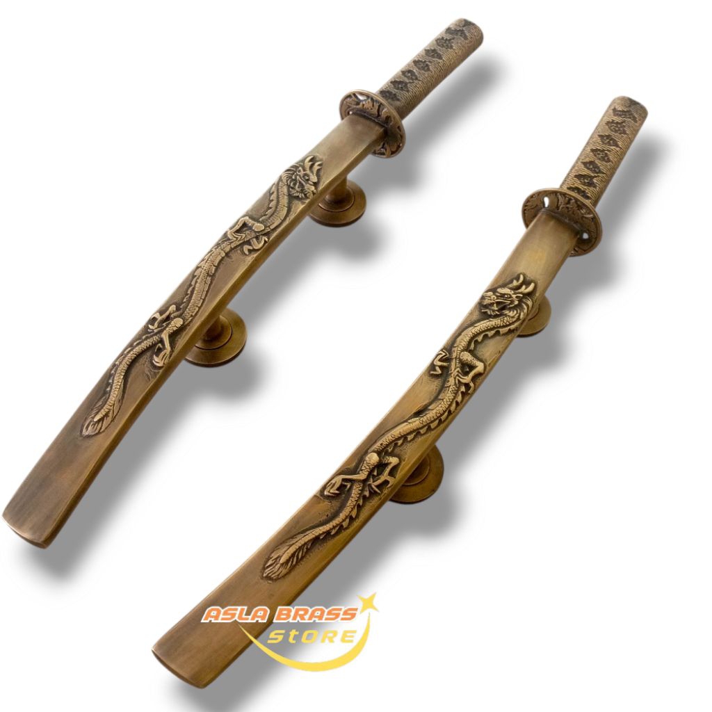 Handle Pintu Rumah Kuningan Motif Samurai Ukir Naga 50 Cm Gagang Tarikan Pintu kupu tarung Kuningan