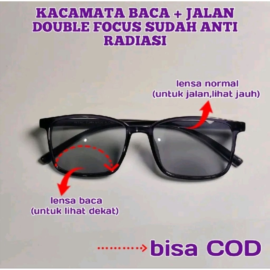 kacamata baca dan jalan dua lensa ,lensa redup model kotak