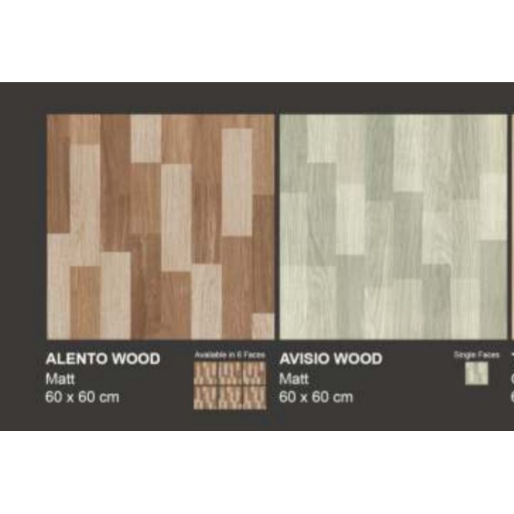 GRANIT MERK VALENTINO TIPE ALENTO WOOD DAN AVISIO WOOD UKURAN 60X60 MOTIF CORAK KAYU PERMUKAAN TEKST
