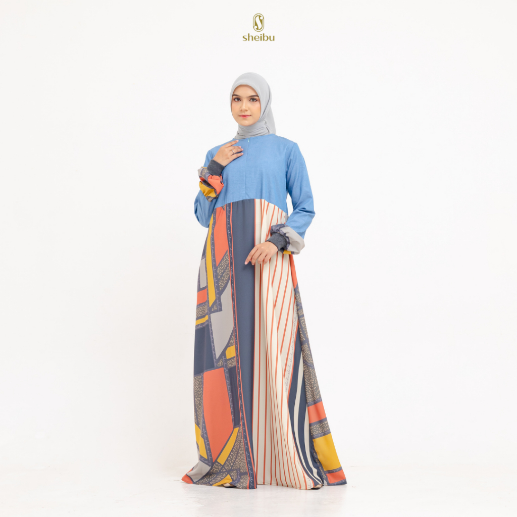 Sheibu Caroline Dress Gamis Muslim Wanita Denim Motif Casual Basic Wudhu Friendly Tidak Menerawang