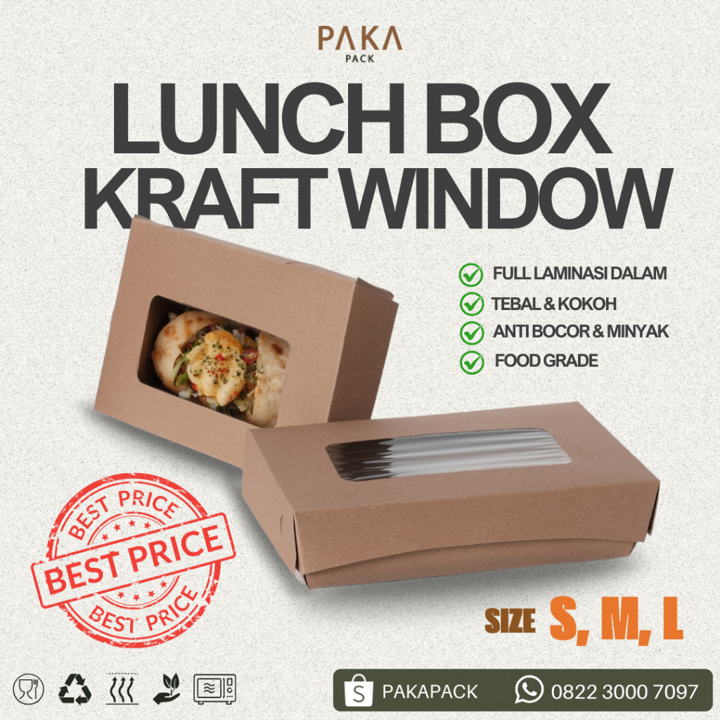 PAPER LUNCH BOX WINDOW LAMINATED/ KOTAK MAKAN KERTAS KRAFT LAMINASI (SELIP)