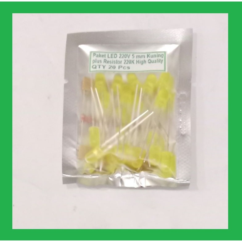 QTY 20 Pcs paket LED 220V 5 mm Kuning plus Resistor 220K High Quality