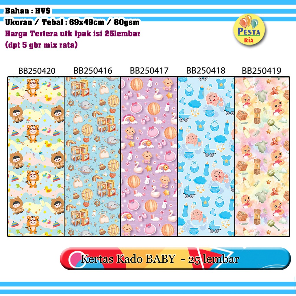 

Murah!! (1Set isi 25lmbr) Kertas kado motif BABY, kertas kado bungkus kado motif baby, kertas kado setara Sanwa sansan wawa