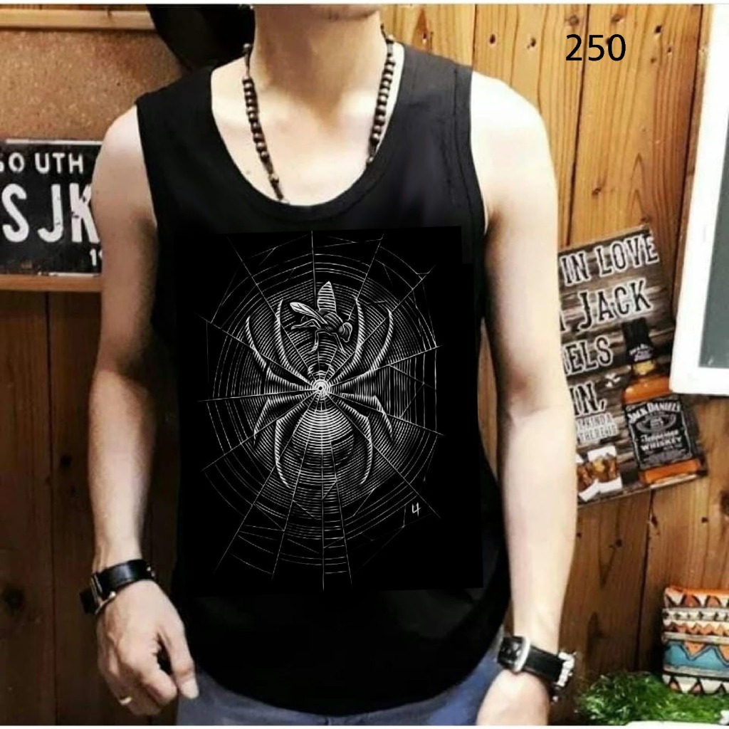 Singlet Pria Hitam Motif Spider Abu